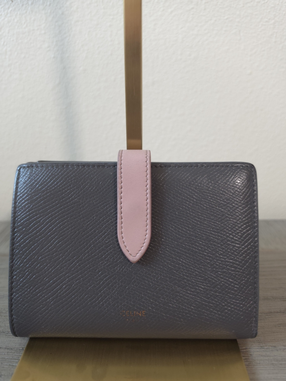 Celine Gray Leather Wallet with Pink Strap